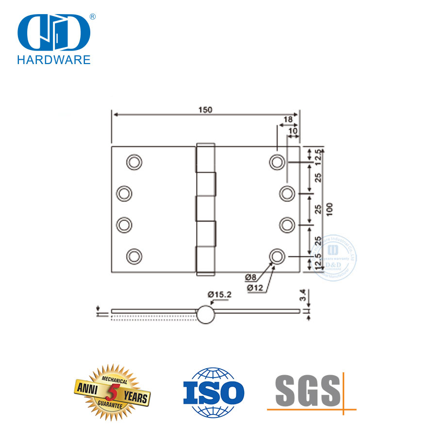 Accessoires de quincaillerie de porte raccord charnière de porte à large portée SUS 304-DDSS049-100x180x3.4mm