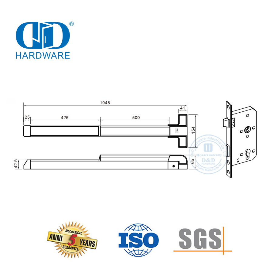 Quincaillerie de porte de sortie de panique à main en acier inoxydable avec serrure à mortaise-DDPD038-SSS