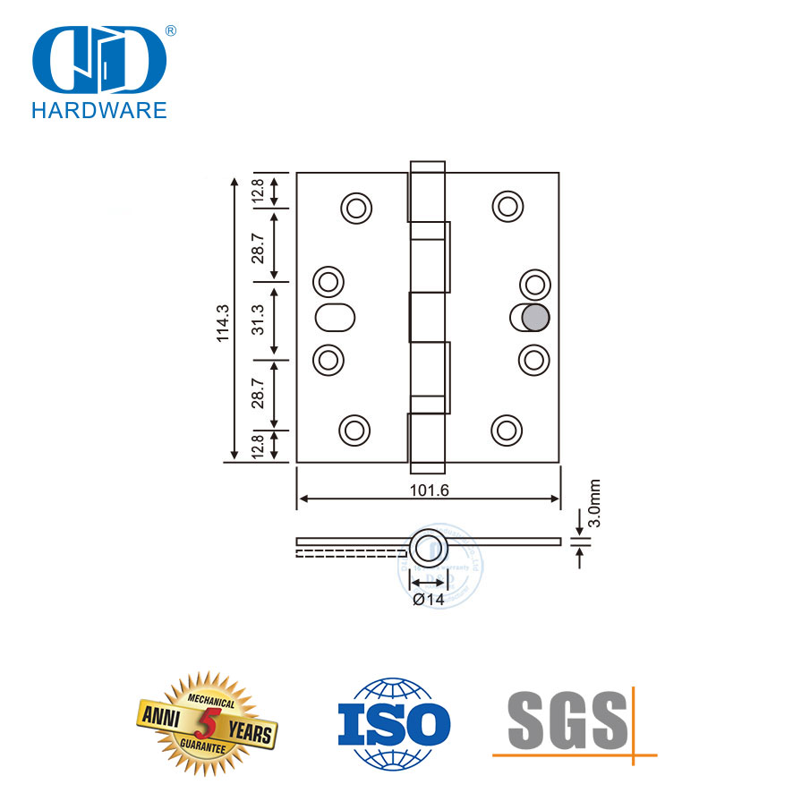 Charnière de sécurité simple à cinq articulations en acier inoxydable pour porte métallique-DDSS015-B