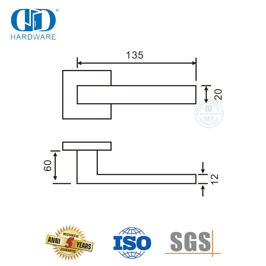 Quincaillerie de porte de couloir de passage, poignées à levier carrées au fini satiné-DDTH020-SSS