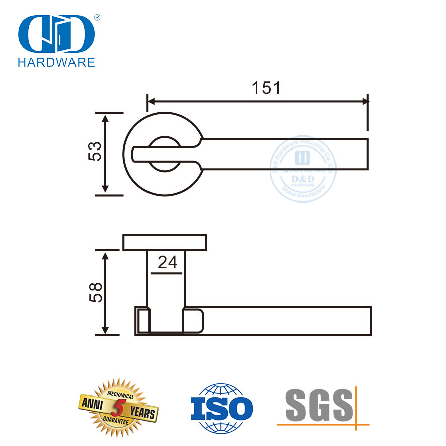 Poignée à levier solide pour porte d'entrée à rosace ronde extérieure de haute sécurité-DDSH046-SSS