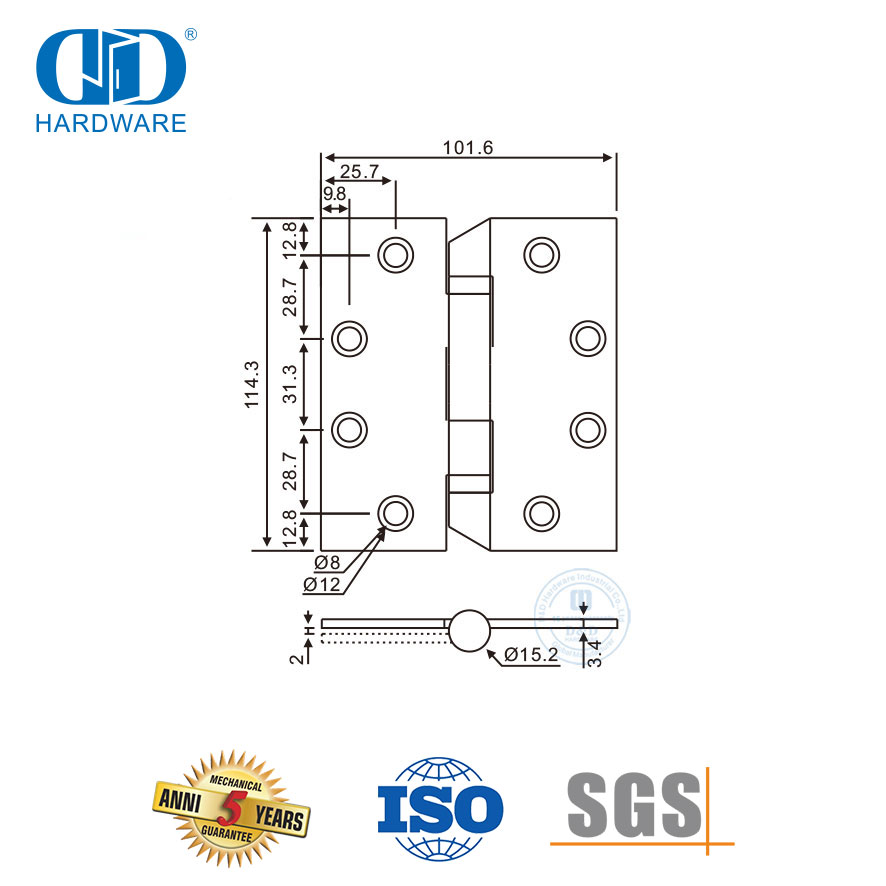 Charnière de porte à double roulement à billes en acier inoxydable de 5 pouces pour projet d'hôpital-DDSS044-B-5x3.5x3.0mm