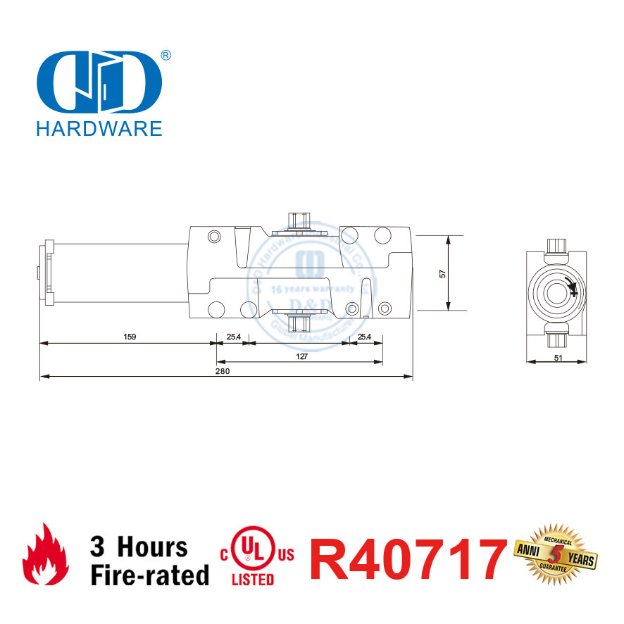 Ferme-porte coupe-feu robuste à deux vitesses réglables, certification homologuée ANSI UL10C-DDDC044