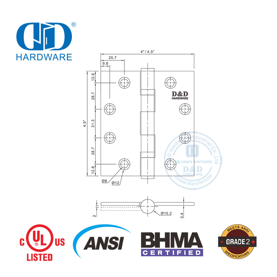 Charnière de porte extérieure coupe-feu BHMA ANSI Grade 2 pour bâtiment commercial-DDSS001-ANSI-2-4,5x4x3,4 mm