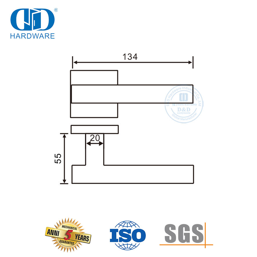 Poignée de levier solide à rosette carrée en forme de T SUS 304 pour immeuble de bureaux-DDSH053-SSS