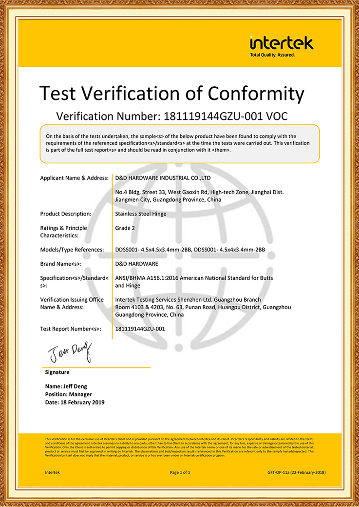 Accessoires de haute qualité, poids Standard BHMA ANSI Grade 2, charnière de porte coupe-feu-DDSS001-ANSI-2-4.5x4.5x3.4mm