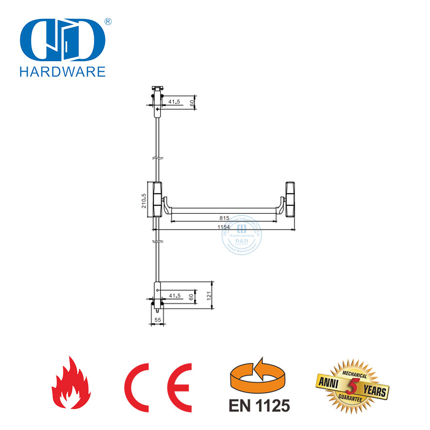 Dispositif de sortie de panique de résistance au feu de la CE d'acier inoxydable de haute sécurité avec la serrure de tige de poussée de garantie pour la porte en métal de sortie de secours-DDPD048-CE