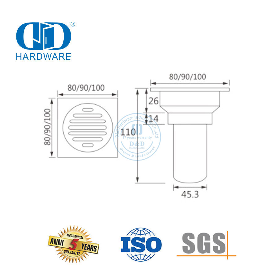 Drain de douche linéaire en plastique en acier inoxydable, Type carré, matériel de salle de bains, Drain de sol pour Bathroom-DDFD001