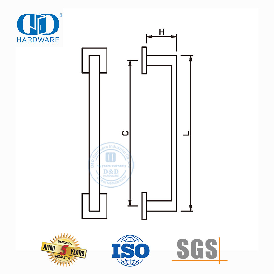 Poignée de traction latérale simple à poussée carrée en acier inoxydable finition satinée pour portes commerciales en verre et en métal-DDPH035