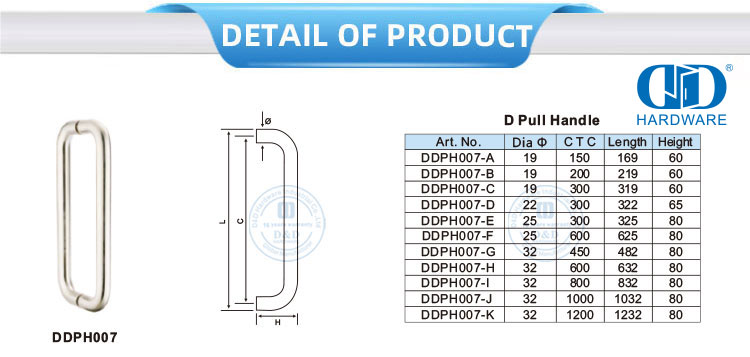 Poignées de porte en verre pour application commerciale en acier inoxydable, poignée de traction en D-DDPH007