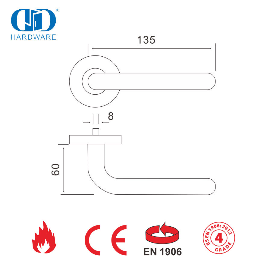 Poignée de porte extérieure avant en forme de L certifiée BS EN 1906-DDTH010-SSS