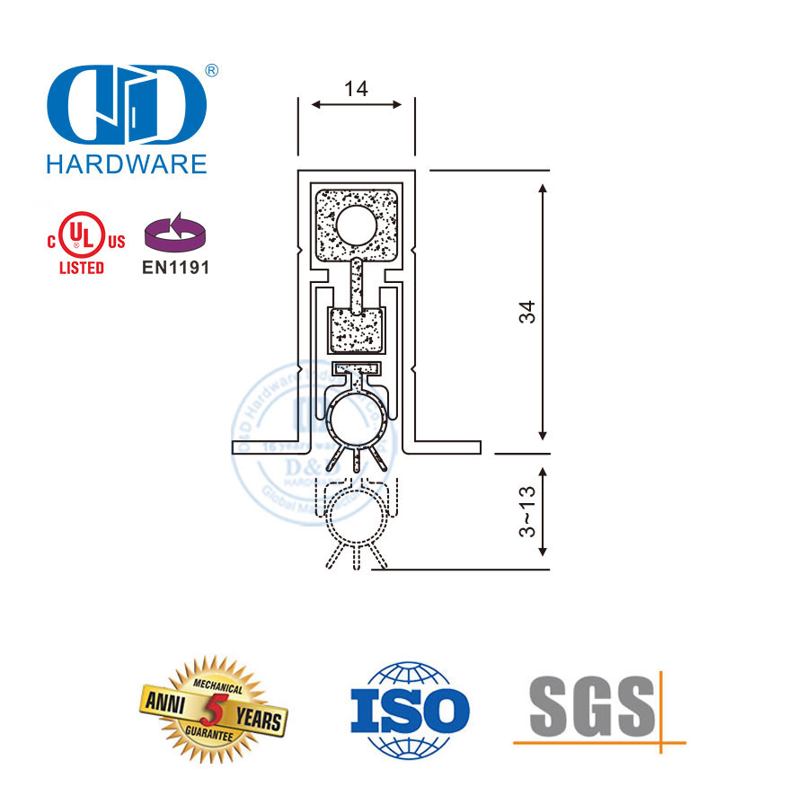 Quincaillerie de meubles de porte CE, coupe-vent argenté anti-poussière, coupe-froid entièrement mortaisé, joint inférieur de porte coulissante de sécurité-DDBS002