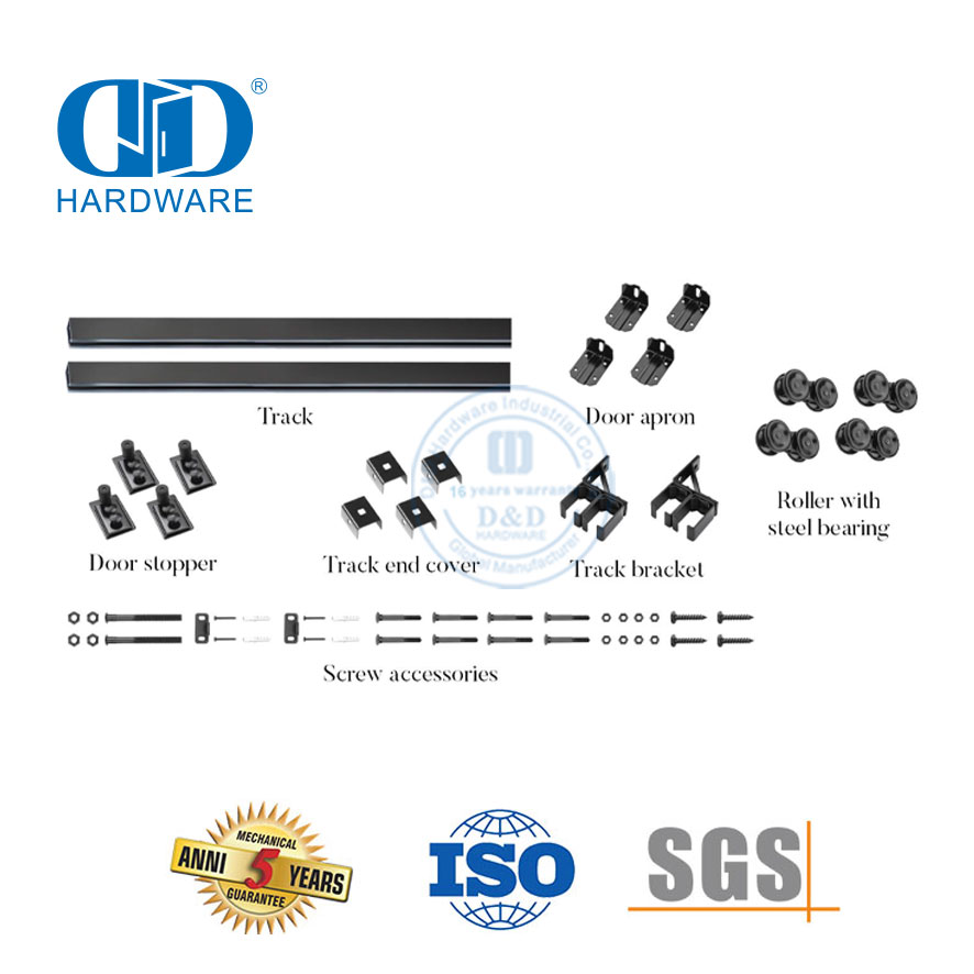 Quincaillerie de porte coulissante Double robuste en acier inoxydable noir, quincaillerie de porte de grange de dérivation pour appartement Kit-DDBD041