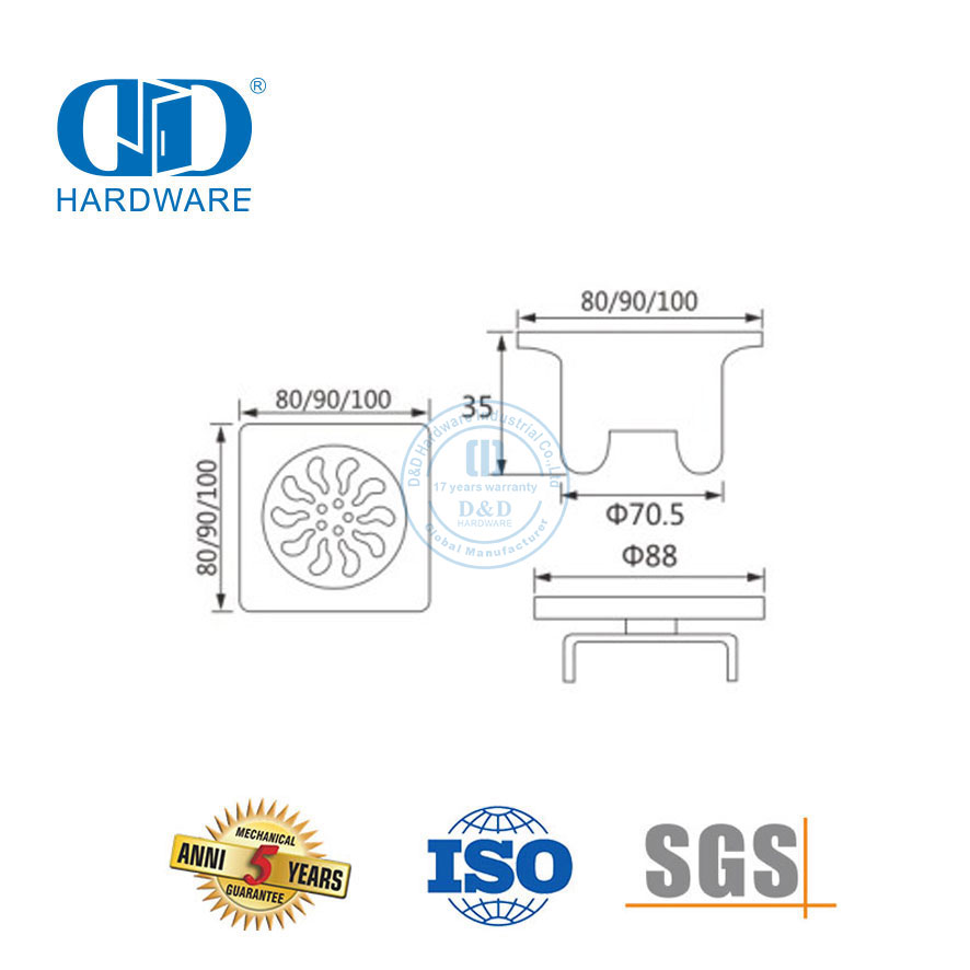 Drain de sol sanitaire en acier inoxydable de haute qualité, Drain de sol carré pour salle de bains Hardware-DDFD006