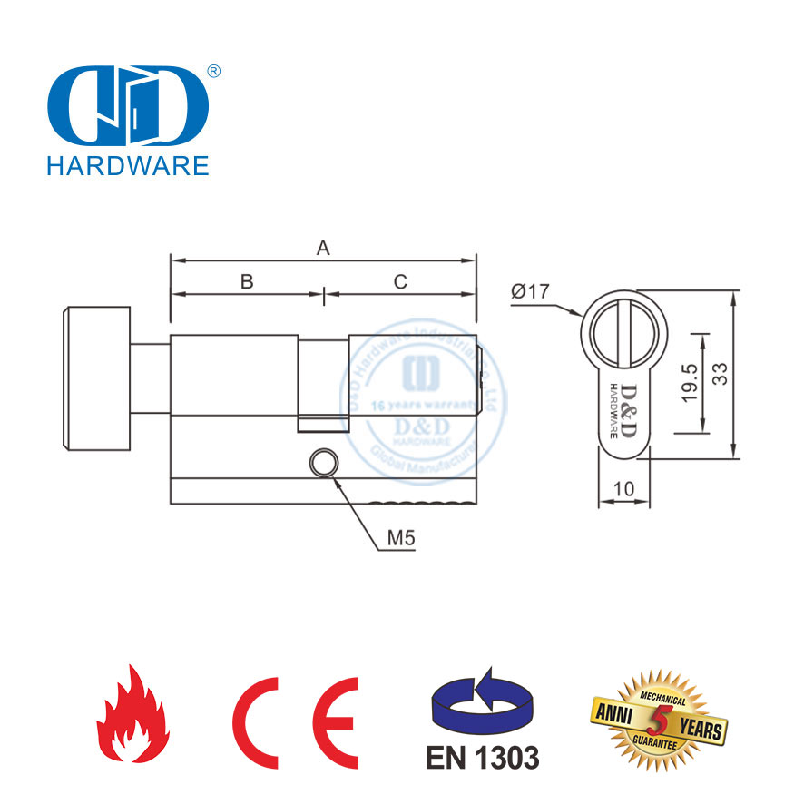 Cylindre de serrure à mortaise de salle de bains en laiton satiné avec certification EN 1303-DDLC007-70mm-SB