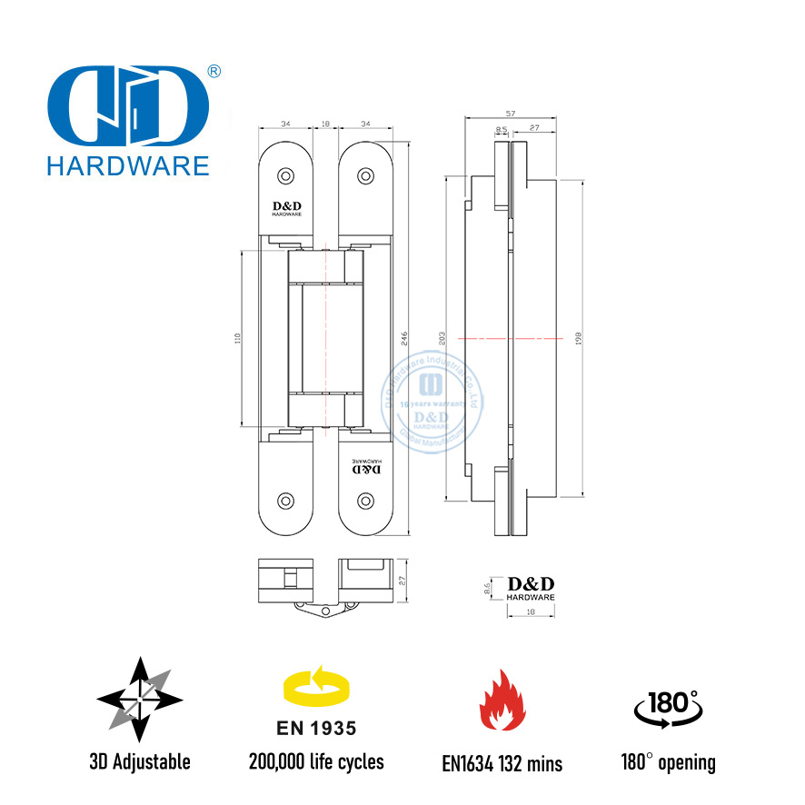 Charnière de porte dissimulée réglable de 120 kg EN1935 pour porte en métal coupe-feu-DDCH008-G120