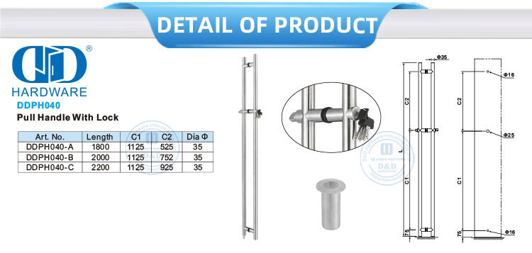 Accessoires de porte avant en verre de bureau en acier inoxydable, poignée de traction de porte en verre à Tube rond avec Lock-DDPH040