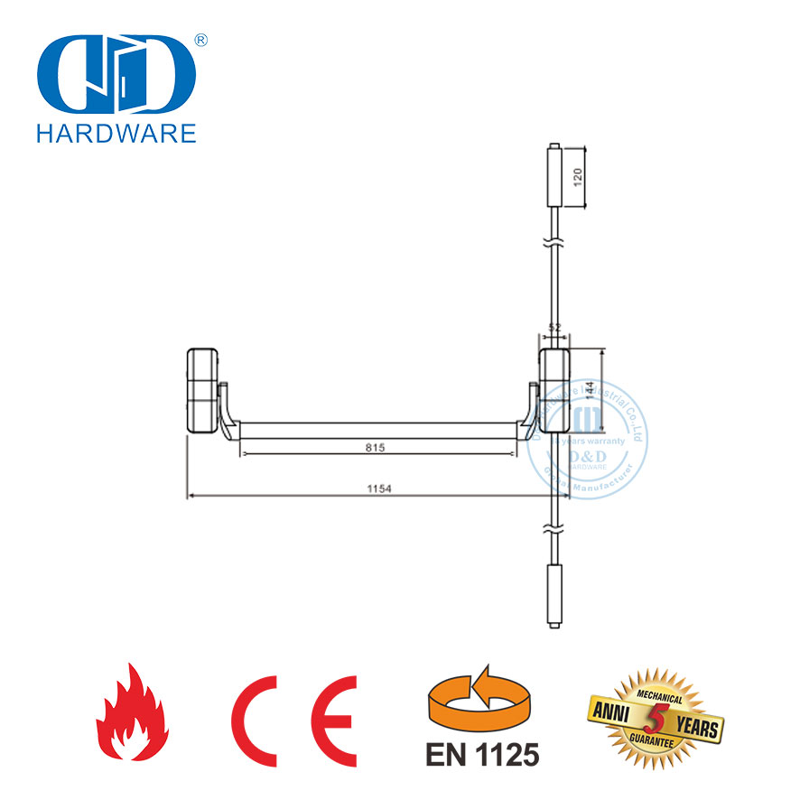 Barre anti-panique coupe-feu en acier inoxydable CE EN1125 avec barre de verrouillage à boulon de loquet pour porte double simple-DDPD022-CE