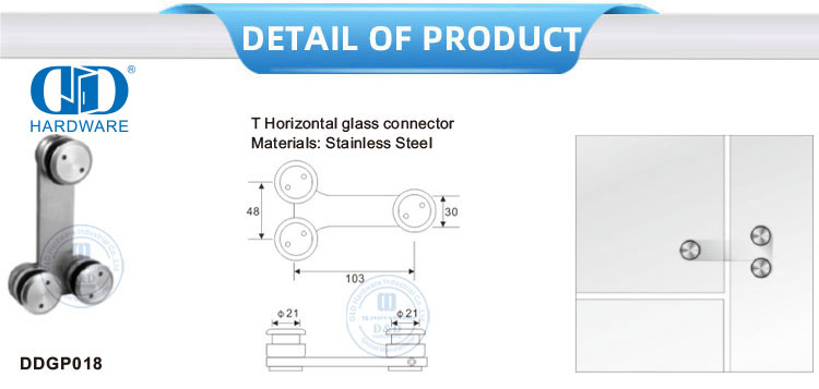 Connecteur en verre horizontal en T en acier inoxydable, pivot de porte en verre, porte coulissante Hardware-DDGP018