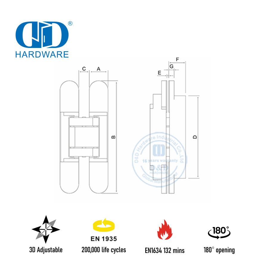 Charnière de porte cachée 3D EN1935 pour bâtiment commercial-DDCH008-G40