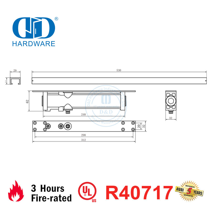 Matériel de construction Liste UL Résistance au feu en aluminium monté en surface Sorties hydrauliques coulissantes à ressort Ferme-porte de passage-DDDC054