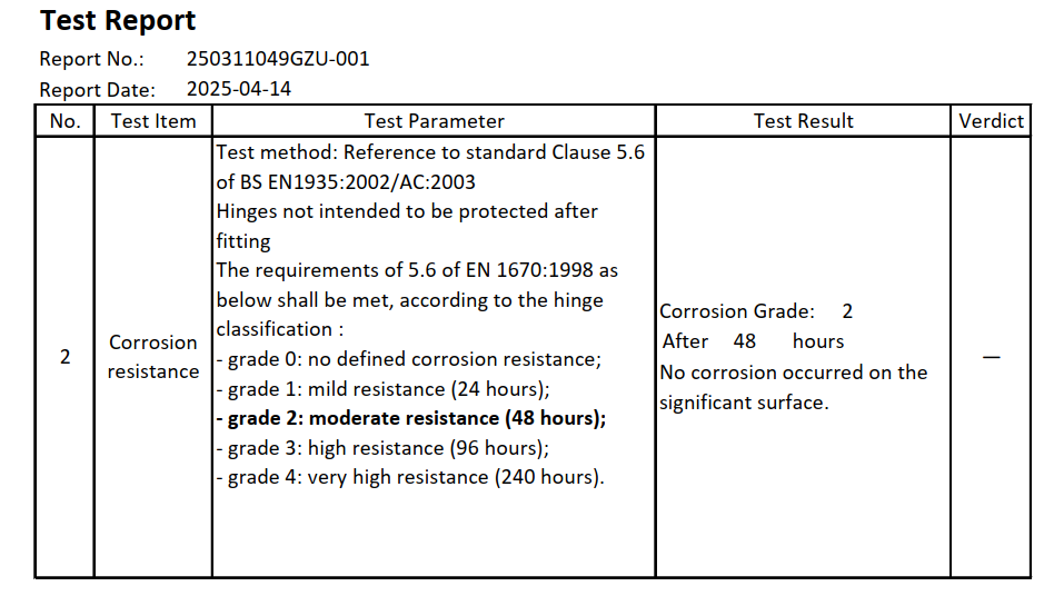 R&eacute;sistance &agrave; la corrosion EN1670 