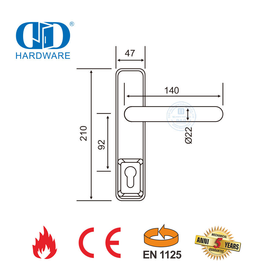 Garniture de levier d'écusson en acier inoxydable CE UL répertorié dispositif de sortie de panique ignifuge barre de panique de porte de sortie pour porte métallique d'urgence commerciale-DDPD015-CE