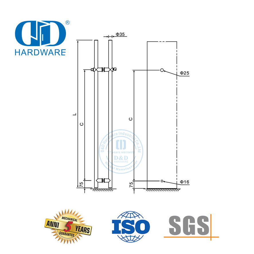 Raccords de quincaillerie en verre en acier inoxydable double face longs serrures de verrouillage à clé de porte en verre poignée de traction avec serrure Schlage-DDPH039