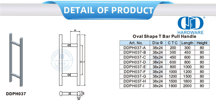 Poignée de traction de barre en T de forme ovale, quincaillerie de porte principale en acier inoxydable, verre, bois et métal, applications multiples, DDPH037