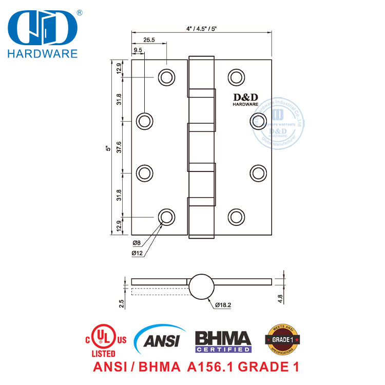 Charnière de porte intérieure commerciale robuste BHMA ANSI Grade 1 pour l'Arabie Saoudite-DDSS001-ANSI-1-5x4.5x4.8mm