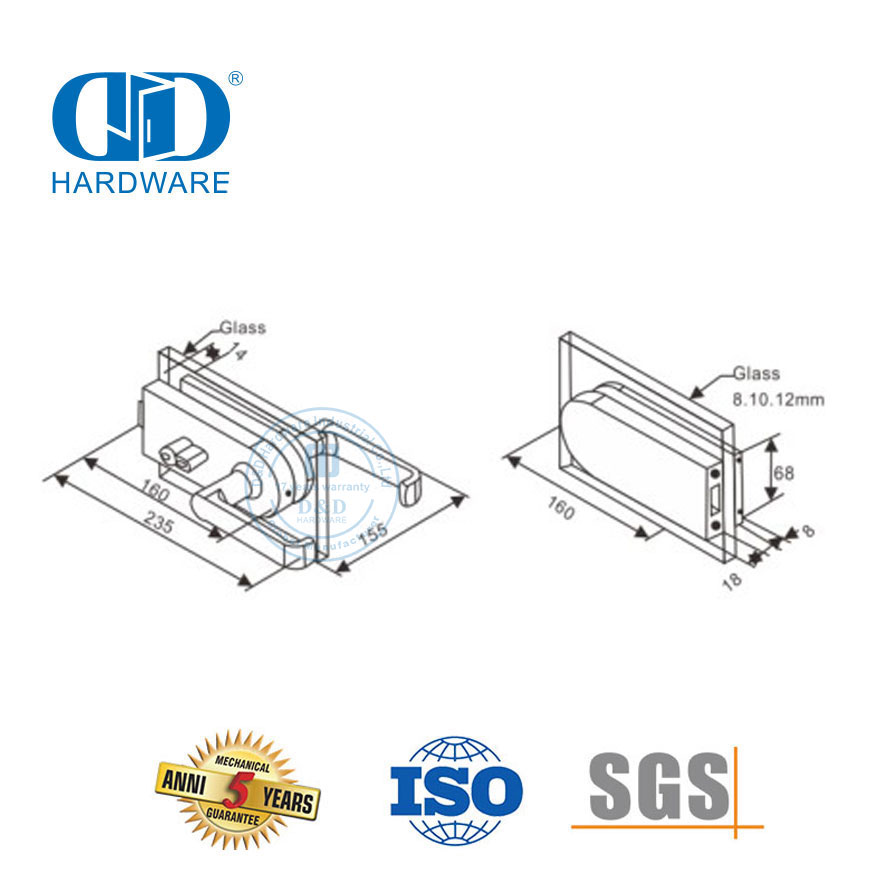 Raccord de quincaillerie de serrure d'angle en acier inoxydable, raccord de poignée de porte en verre, raccords de Patch, serrure à clé-DDGL001