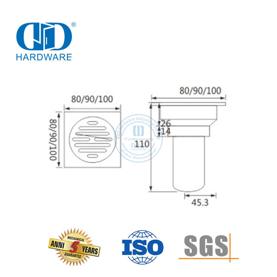 Matériel de salle de bains de Drain de douche de salle de bains de Drain de plancher carré d'acier inoxydable de haute sécurité pour Door-DDFD0011 en verre