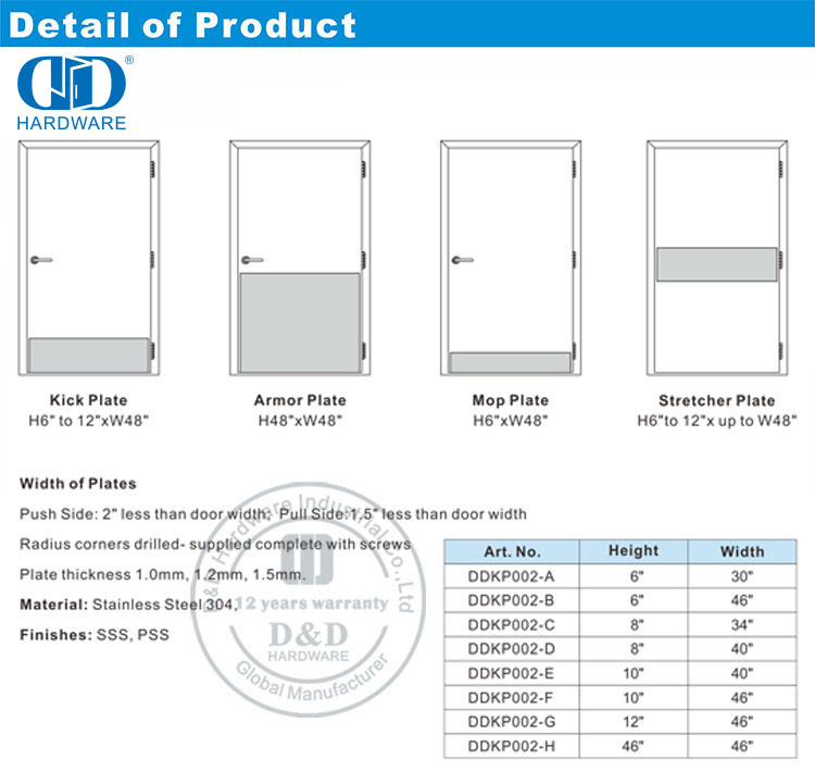 Usine marché américain utilisation en acier inoxydable armure de protection plaque de coup de pied de porte avant en métal inférieure commerciale-DDKP002