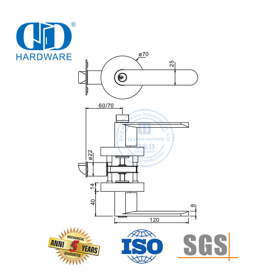 Serrure à bouton verrouillable à levier de raccords résidentiels tubulaires de cylindre en alliage de zinc de haute qualité robuste pour porte d'entrée-DDLK017