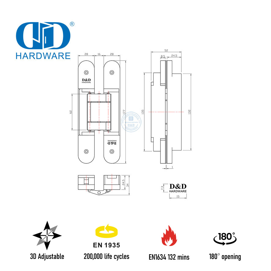 Charnière de porte cachée pour appartement coupe-feu avec EN1935-DDCH008-G80