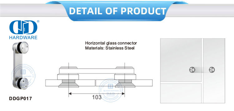 Connecteur de verre horizontal en acier inoxydable, accessoire de meuble, porte en verre Pivot-DDGP017