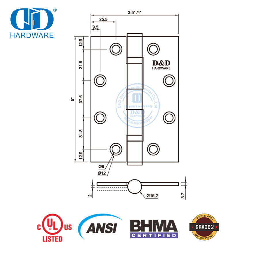 Charnière de porte commerciale en bois d'angle carré ignifuge, certificat BHMA ANSI-DDSS001-ANSI-2