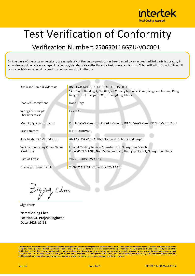 Charnière de porte commerciale en bois d'angle carré ignifuge, certificat BHMA ANSI-DDSS001-ANSI-2