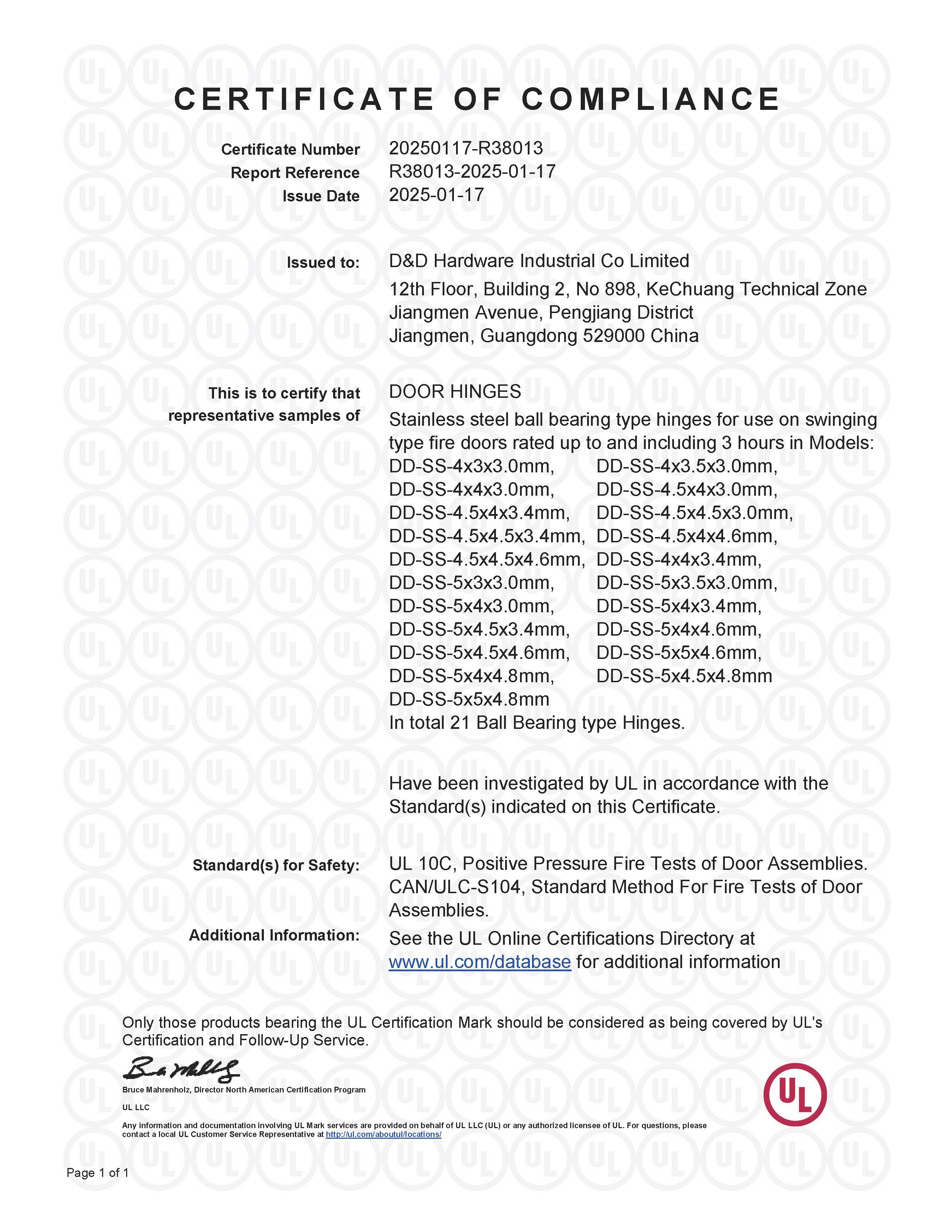 Charni&egrave;re de porte UL 