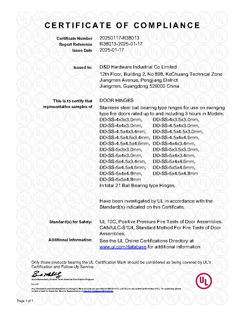 Charnière de porte externe conforme à la norme américaine SUS304, classée au feu UL-DDSS004-FR